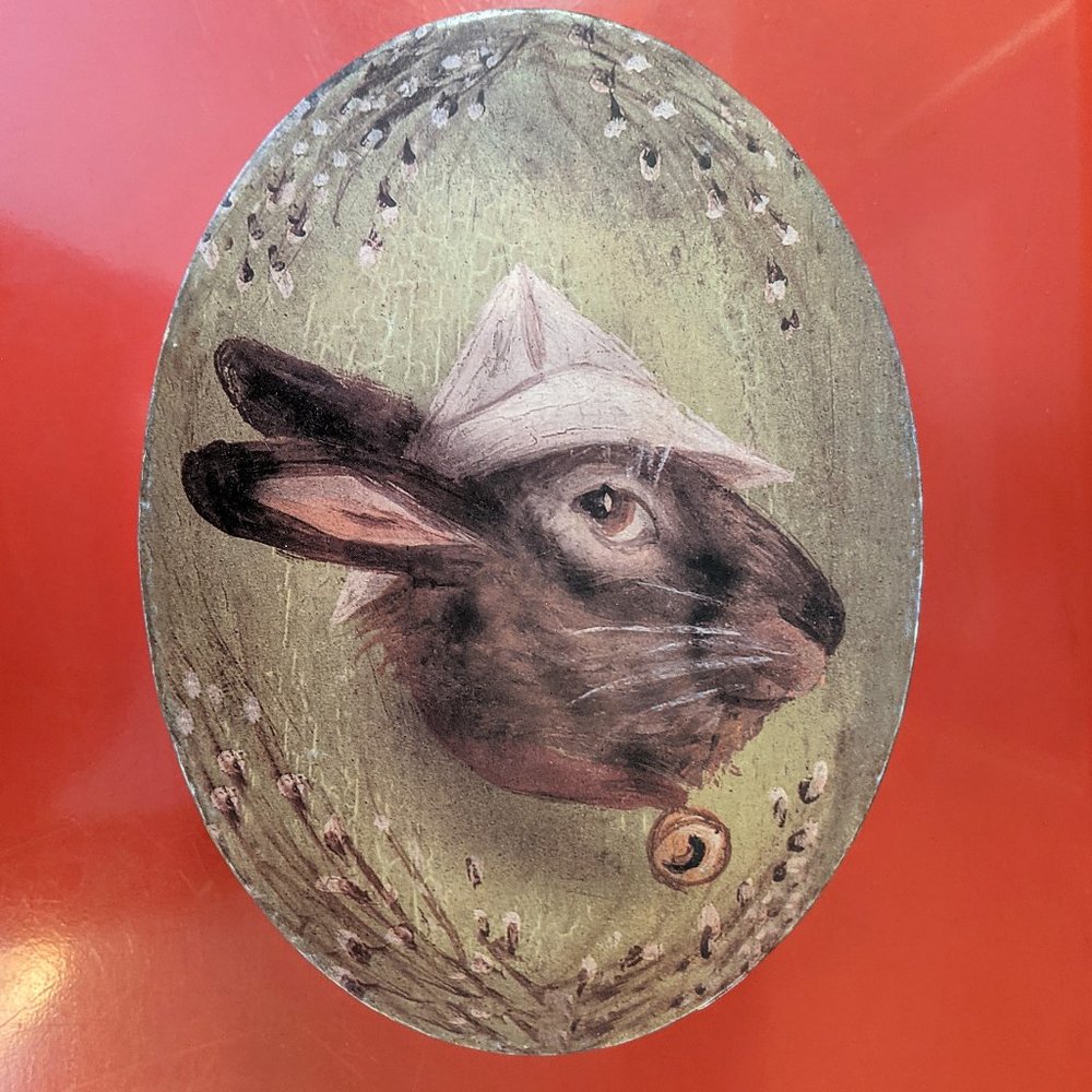 Beautiful vintage green hand-painted Bunny Easter oval box with eggs inside